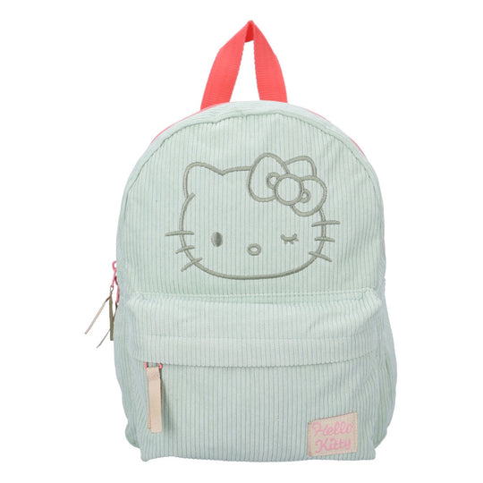 Détail du design Hello Kitty et inscription 'Have a Nice Day' sur le sac à dos vert