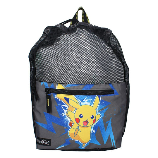 Détail du motif Pokémon et du logo Gotta Catch 'Em All sur le sac à dos