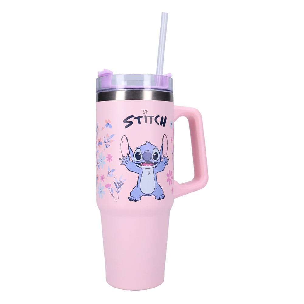 Bouteille Lilo & Stitch Bottled Bliss Pink 900ml en acier inoxydable rose, vue de face avec le personnage Stitch.