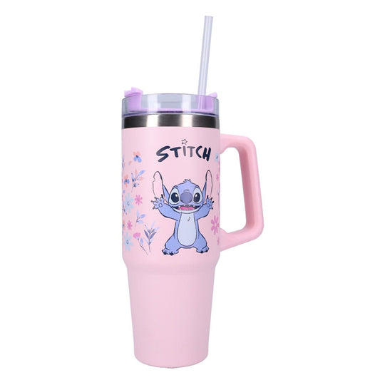 Bouteille Lilo & Stitch Bottled Bliss Pink 900ml en acier inoxydable rose, vue de face avec le personnage Stitch.