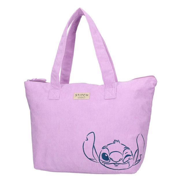 Détail du motif Stitch Obsessed sur le sac shopping rose Lilo et Stitch