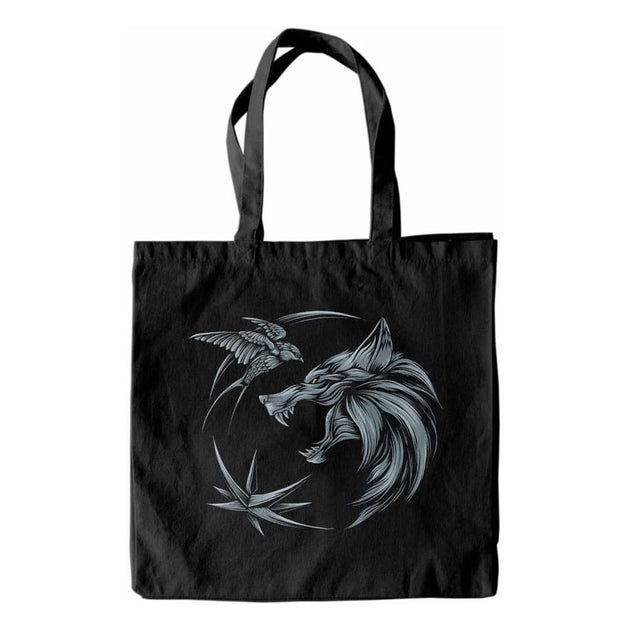 Sac shopping The Witcher officiel par Heroes Inc. en polyester, affichant le logo du Loup, idéal pour les fans de gaming.