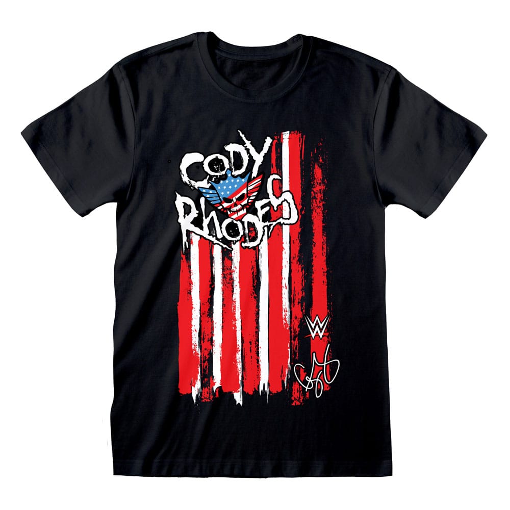 T-shirt WWE Cody Rhodes Flag XL officiel Heroes Inc. en coton noir avec motif drapeau et logo.