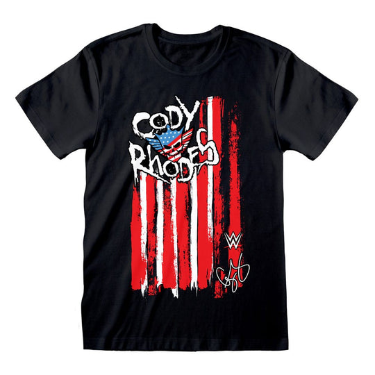 T-shirt WWE Cody Rhodes Flag XL officiel Heroes Inc. en coton noir avec motif drapeau et logo.