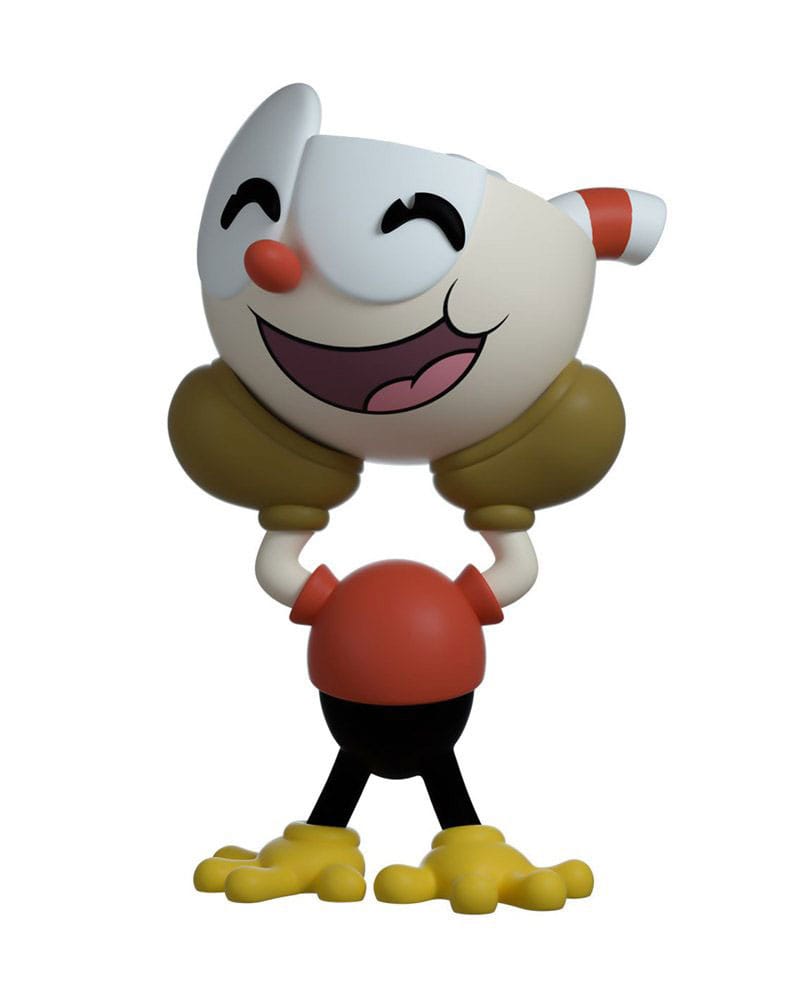 Figurine Youtooz Cuphead The Cuphead Show de 4.6 pouces, posée sur les mains avec un grand sourire et une paille rouge.